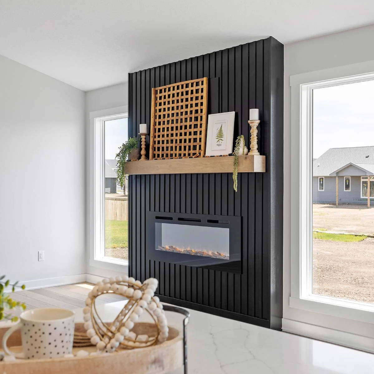 Acoustic slat wall panels in office room with speakers